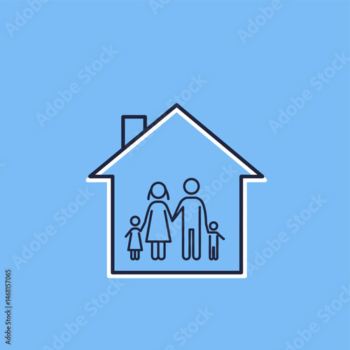 Family in house icon, line art of parents and children at home