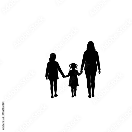 Silhouette of Mother Walking with Two Daughters Holding Hands