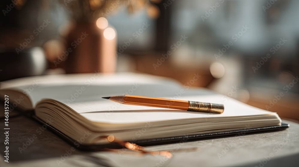Still life of book and pencil on table Still life of book and pencil on table