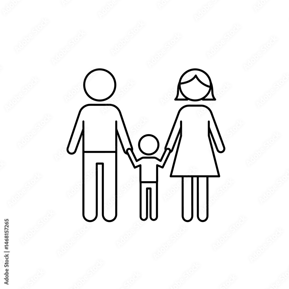 Simple Line Art Icon of Family Holding Hands, Stick Figures Simple Line Art Icon of Family Holding Hands, Stick Figures