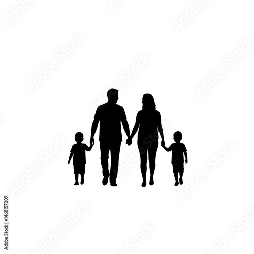 Silhouette of Family with Two Young Sons Walking Together