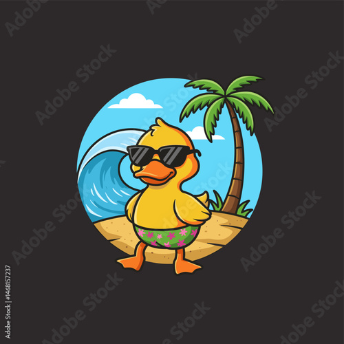 Cool Duck Character on Beach with Surf Wave and Palm Tree