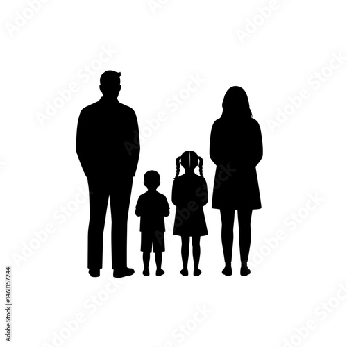 Rear view silhouette of family with two children standing together