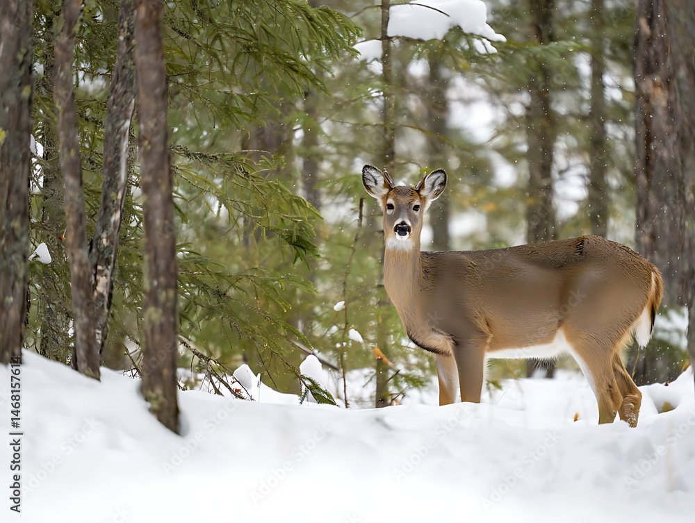 Whitetail Deer in a Snowy Winter Forest Scene Whitetail Deer in a Snowy Winter Forest Scene