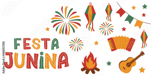Colorful Festa Junina festival illustration featuring traditional Brazilian June party elements. Perfect for festive designs, invitations, banners, and event promotions