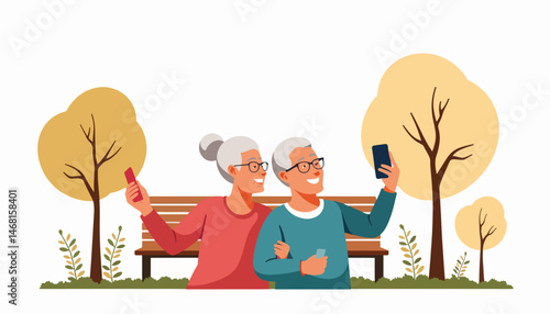 Elderly friends taking selfies in a cheerful park, joyful connection