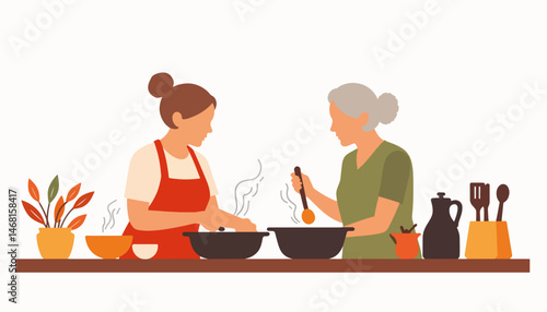 Elderly women joyfully cooking together in a cozy kitchen, connection