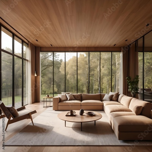 Modern Living Room with Sectional Sofa and Panoramic Forest View