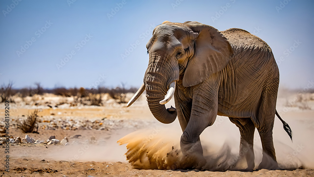 Fototapeta premium Imposing African Elephant Walking in a Dusty Savanna Landscape