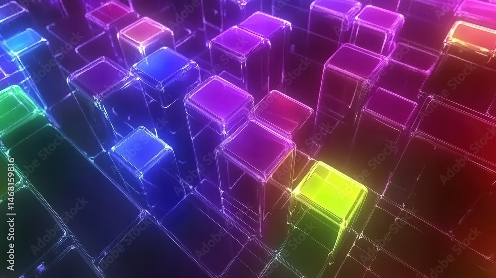 Obraz premium Vibrant abstract cityscape with glowing blocks showcasing modern architecture and urban development illuminated with digital lights