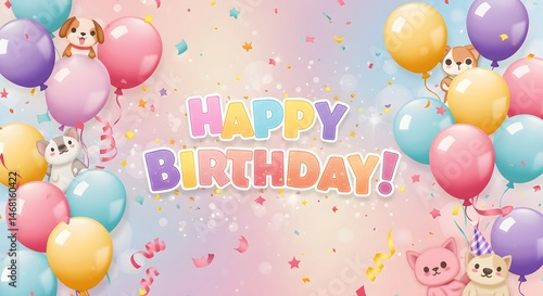Festive Happy Birthday Banner with Balloons, Confetti and Cute Animals