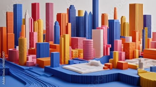 Vibrant architectural display of playful building blocks showcasing a colorful urban skyline with creative design elements and futuristic aesthetics