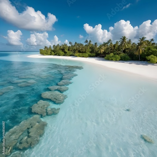 Tropical Island Paradise Turquoise Water, White Sand Beach, and Lush Palm Trees