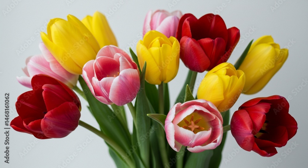 Fototapeta premium Vibrant Spring Bouquet: A Close-Up of Colorful Tulips in Red, Yellow, and Pink Hues. High quality professional stock photo suitable for commercial use.