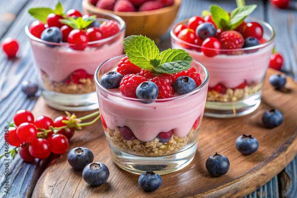 Healthy yogurt dessert with muesli, strawberry mousse, raspberries, blueberries and red currants. Healthy yogurt dessert with muesli, strawberry mousse, raspberries, blueberries and red currants.
