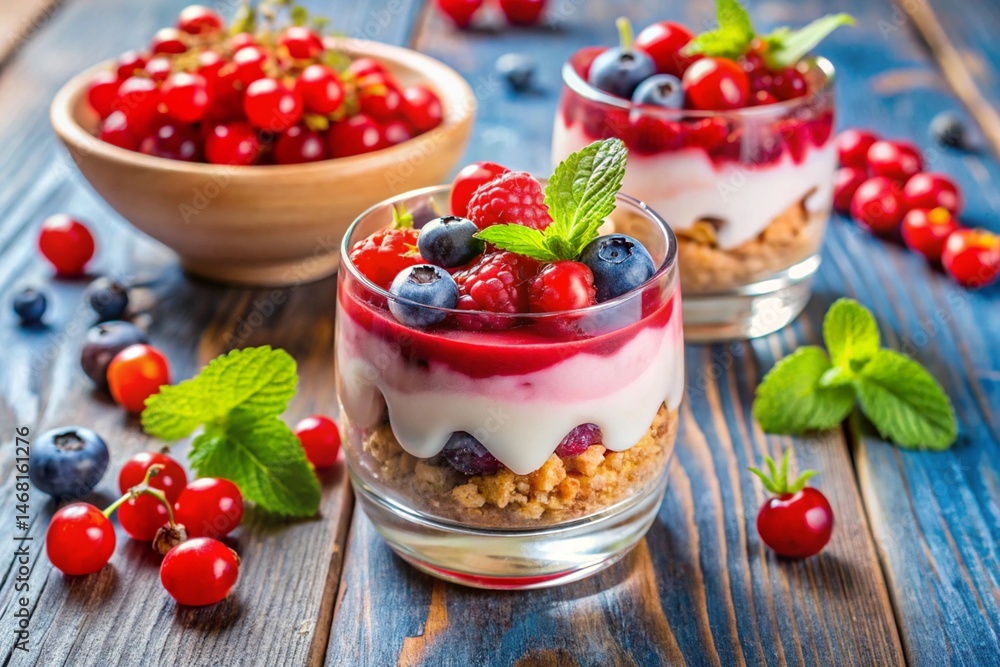 Healthy yogurt dessert with muesli, strawberry mousse, raspberries, blueberries and red currants. Healthy yogurt dessert with muesli, strawberry mousse, raspberries, blueberries and red currants.