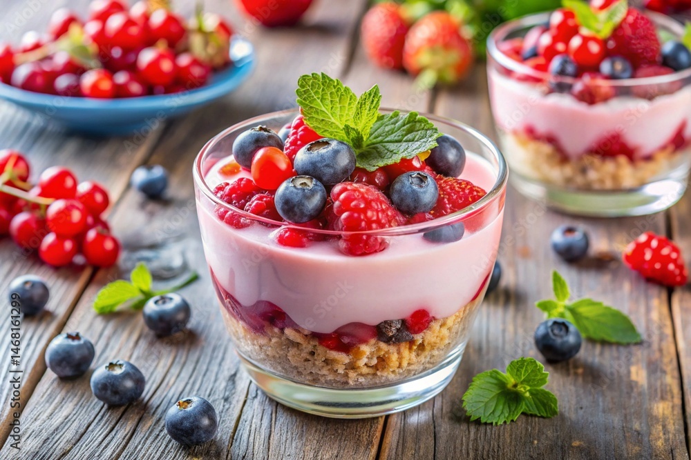 Healthy yogurt dessert with muesli, strawberry mousse, raspberries, blueberries and red currants. Healthy yogurt dessert with muesli, strawberry mousse, raspberries, blueberries and red currants.