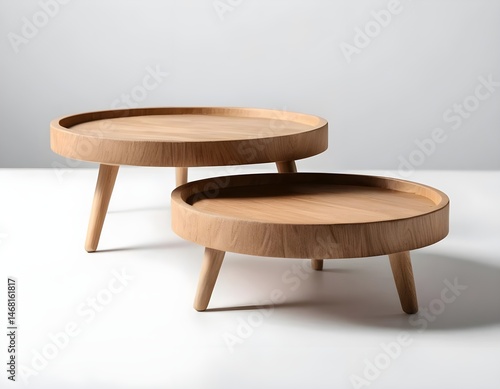 Nested Round Wooden Coffee Tables on White Background