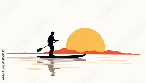 Man paddleboarding at sunset silhouette, serene adventure