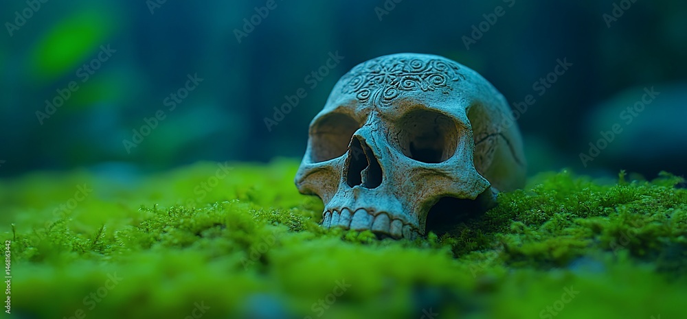Ornate Skull Resting on Vibrant Moss, a contemplation on mortality and eternity Ornate Skull Resting on Vibrant Moss, a contemplation on mortality and eternity