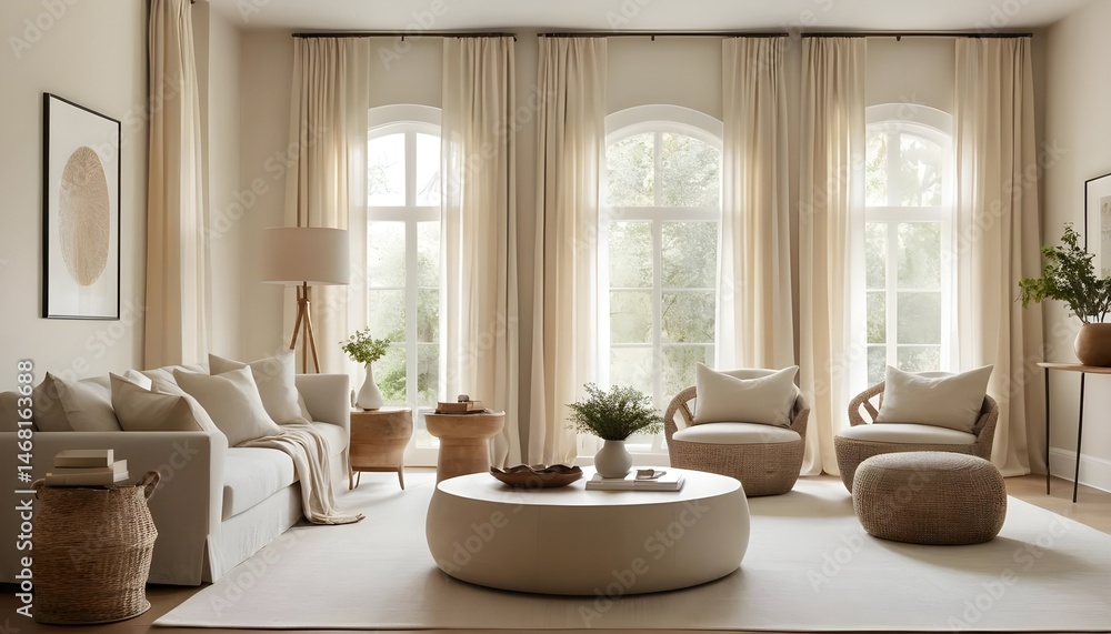 Fototapeta premium Serene Beige Living Room Interior with Natural Textures