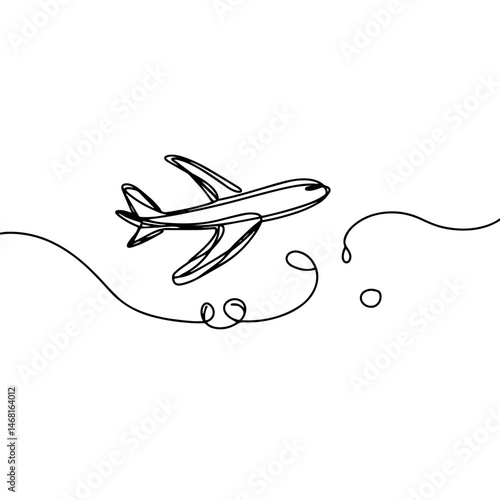 Minimalist line-drawing airplane soaring through the sky with whimsical swirls, travel concept of airline fare and summer holiday