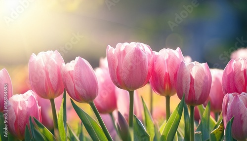 banner with pink tulips with a sun glare