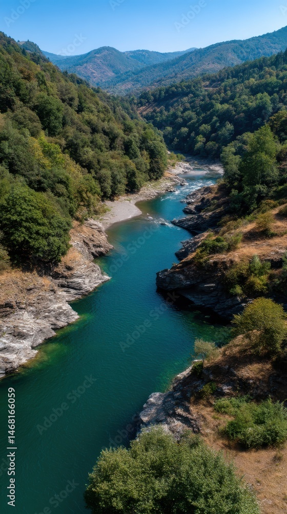 Scenic River Flows Through Rocky Canyon with Lush Green Trees and Distant Mountains Scenic River Flows Through Rocky Canyon with Lush Green Trees and Distant Mountains