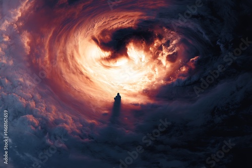A kneeling shadow with a hurricane rotating where its heart should be, the eye of the storm containing a perfectly still but screaming face