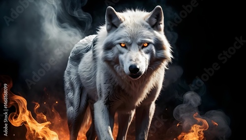 Majestic White Wolf in Flames