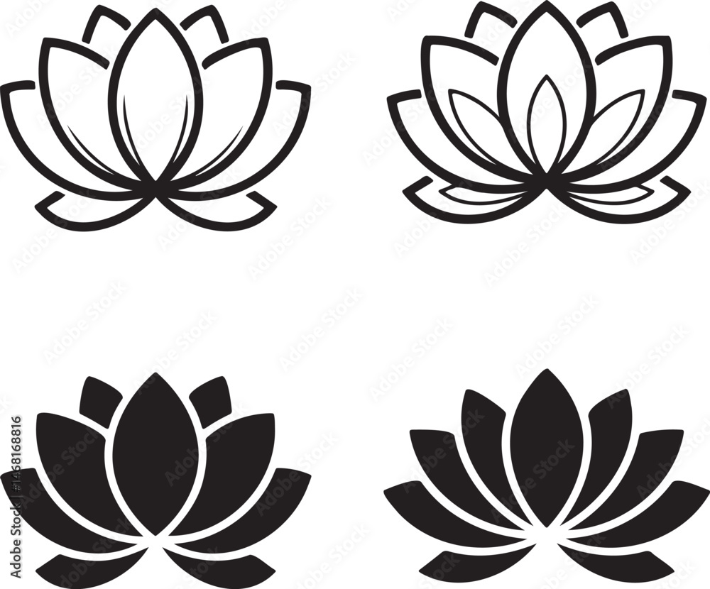 Fototapeta premium Lotus flower silhouette & Outline set vector illustration isolated On Transparent Background