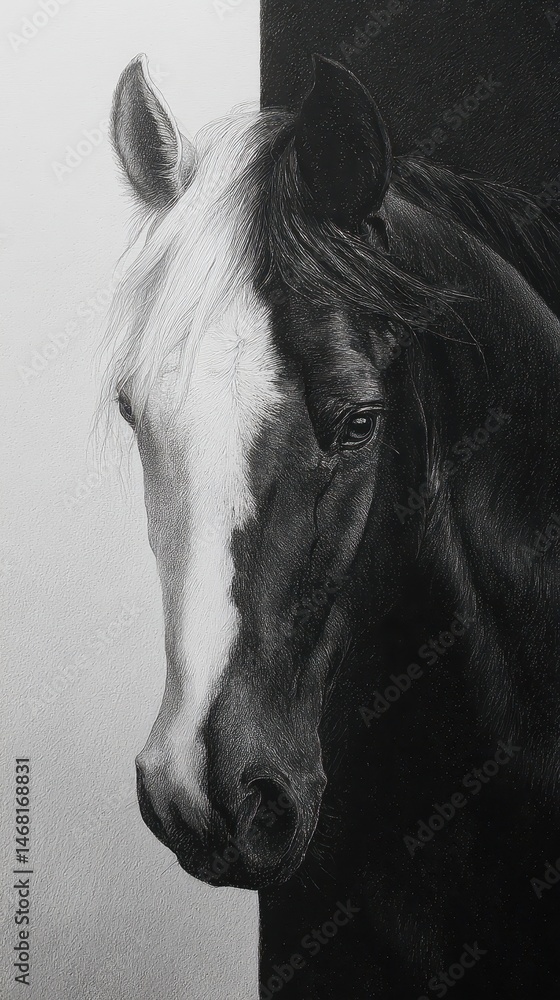 Obraz premium Elegant portrait of a horse in grayscale.