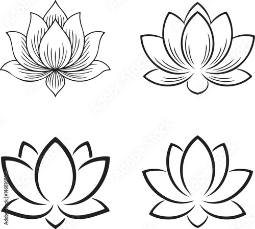 Lotus flower silhouette & Outline set vector illustration isolated On Transparent Background