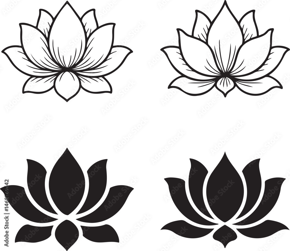 Fototapeta premium Lotus flower silhouette & Outline set vector illustration isolated On Transparent Background