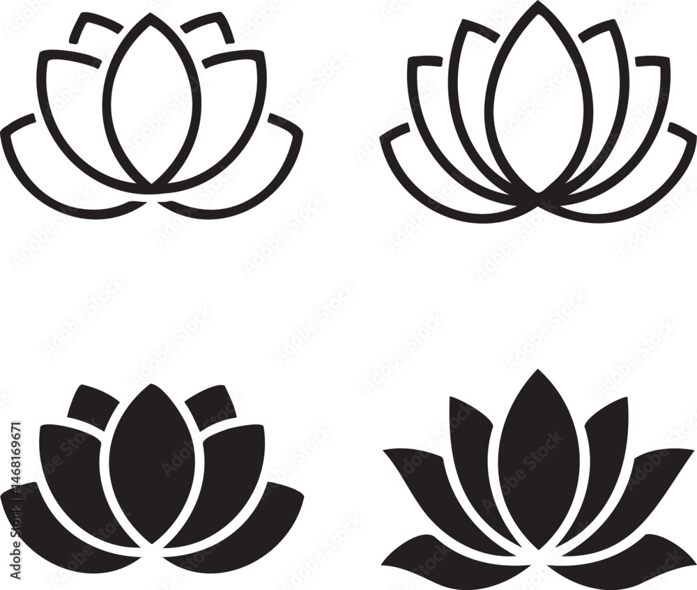 Fototapeta premium Lotus flower silhouette & Outline set vector illustration isolated On Transparent Background