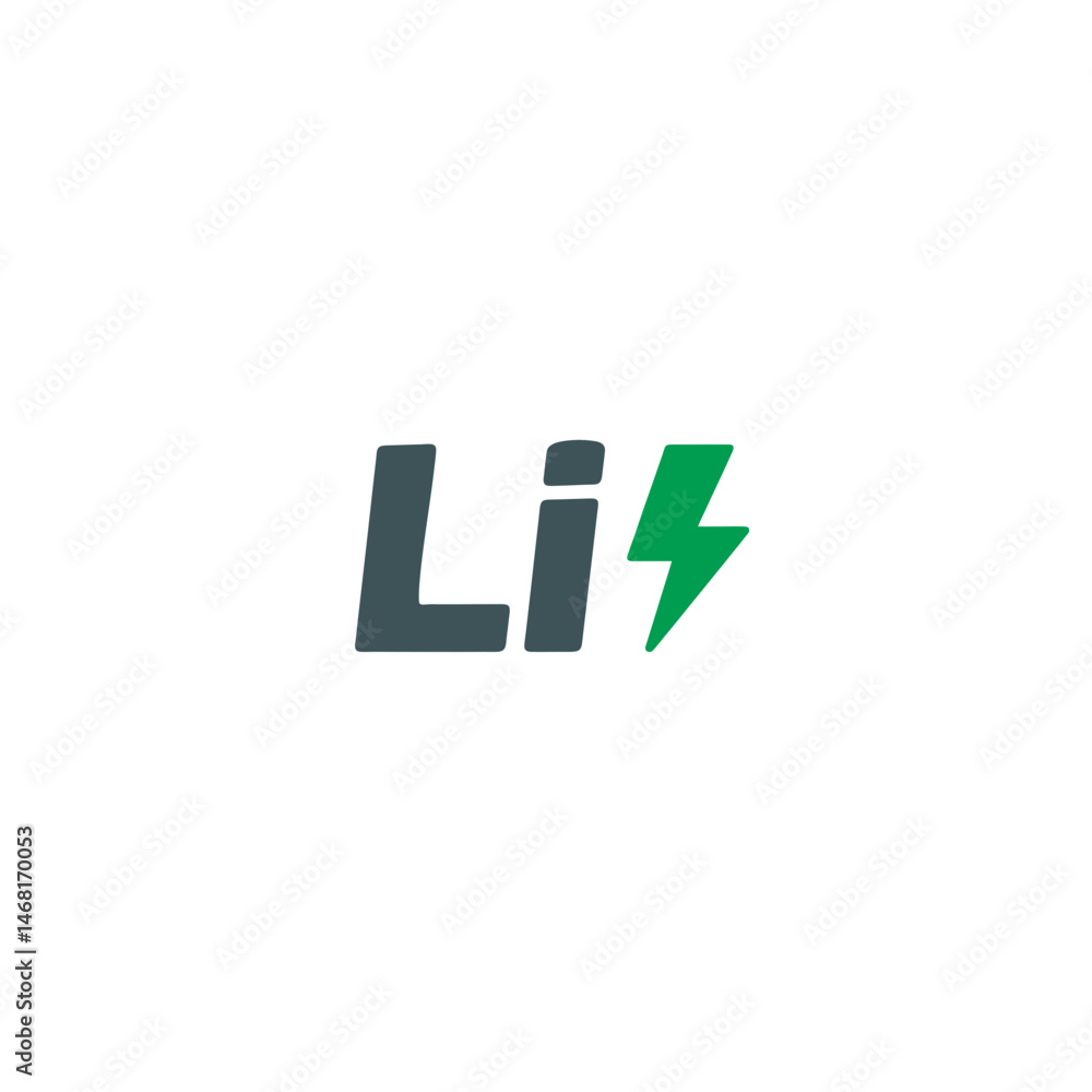 Vector icon with Li, the chemical symbol for Lithium, and a green lightning bolt. Represents electric power, energy storage, battery technology, and the role of elements in modern energy solutions Vector icon with Li, the chemical symbol for Lithium, and a green lightning bolt. Represents electric power, energy storage, battery technology, and the role of elements in modern energy solutions