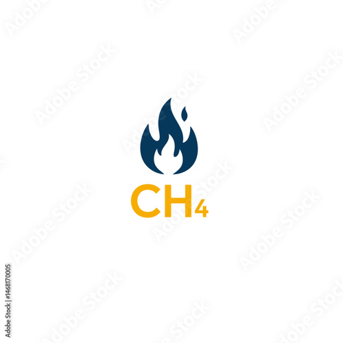 Vector icon of a flame with CH four, the chemical formula for methane gas. Symbolizes natural gas, combustion, fuel, energy source, heating, and essential chemical compounds in industry