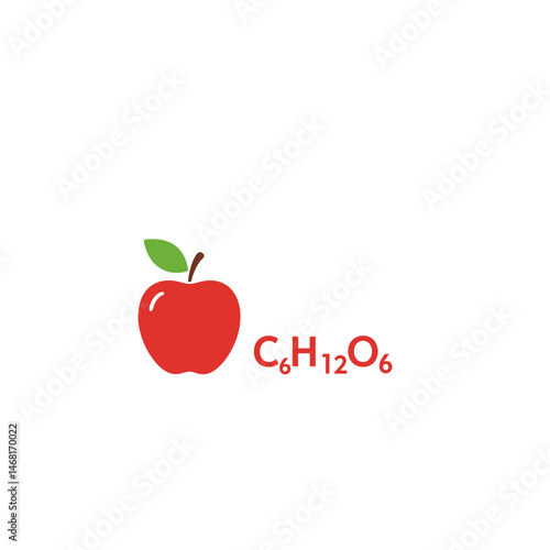 Vector icon of an apple with C six H twelve O six, the chemical formula for sugars like glucose or fructose. Symbolizes fruit sugar, carbohydrates, nutrition, energy, and natural organic compounds