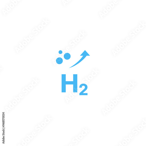 Vector icon of H two, molecular hydrogen, with bubbles and an upward arrow. Symbolizes hydrogen gas, its production or release, clean energy fuel, and the dynamic nature of chemical elements