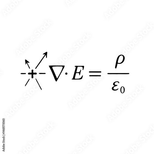 Gausss law for electricity, one of Maxwells equations, with a diagram showing electric field lines diverging from a positive charge. Illustrates mathematical beauty in electromagnetism and physics