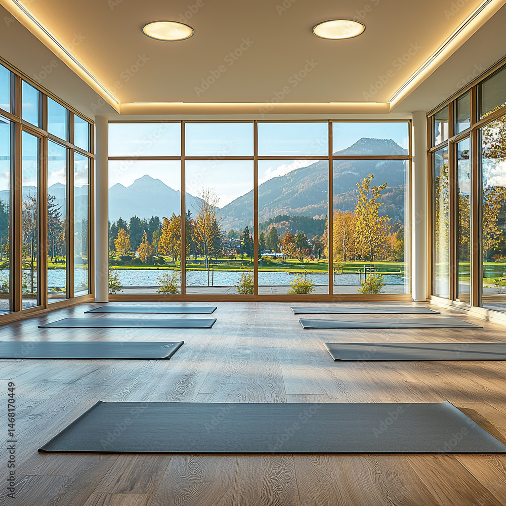 Fototapeta premium A modern yoga studio with expansive windows overlooking a serene mountain and lake landscape.