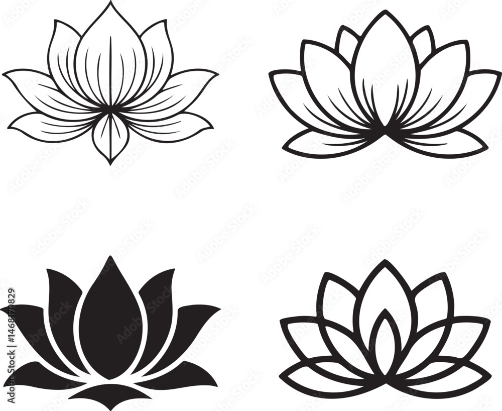 Lotus flower silhouette & Outline set vector illustration isolated On Transparent Background Lotus flower silhouette & Outline set vector illustration isolated On Transparent Background