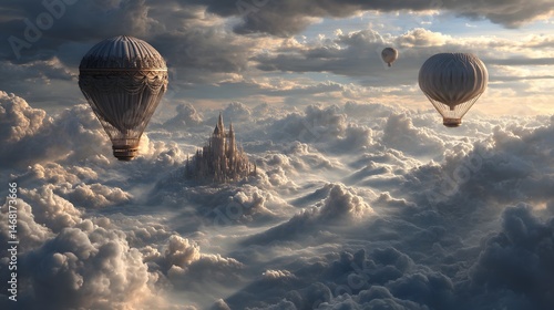 Hot air balloons float through a cloudy sky, near a castle shrouded in mist.