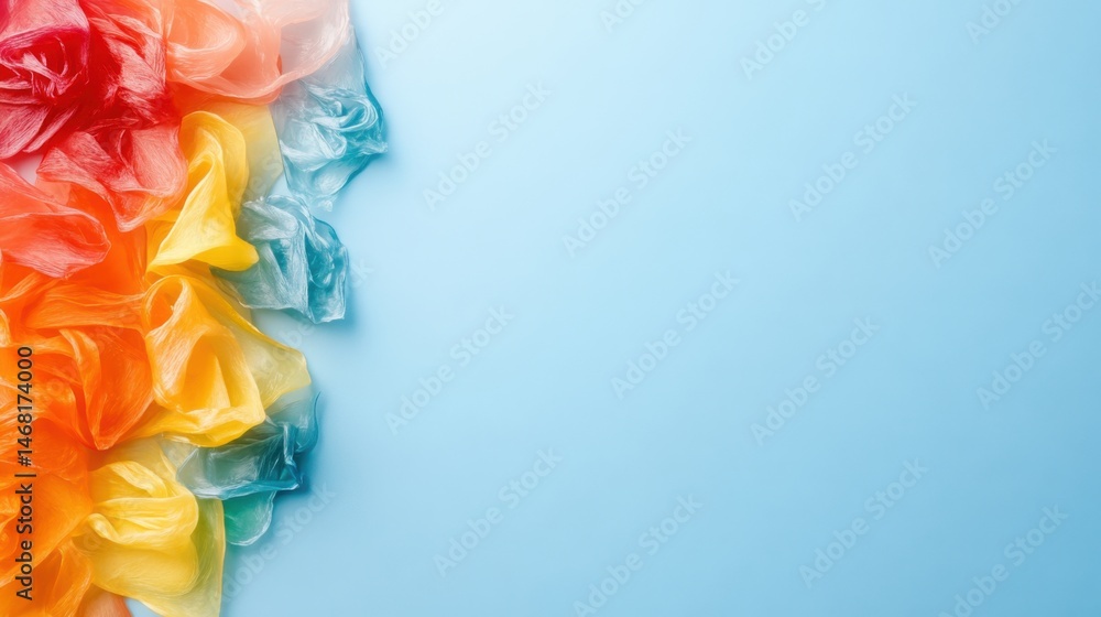 Colorful Plastic Tulle Fabric Draped on a Light Blue Background