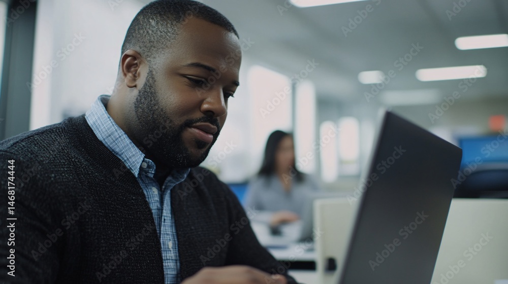 Fototapeta premium A focused professional working on a laptop in a modern office environment