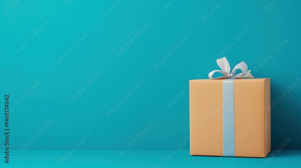 Orange Gift Box with Blue Ribbon Against a Turquoise Background