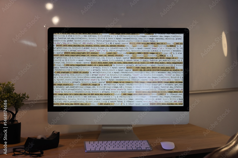 Fototapeta premium Computer monitor with programming code on desk in office at night