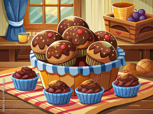 vector of A basket full of freshly baked chocolate muffins is placed on a wooden table.