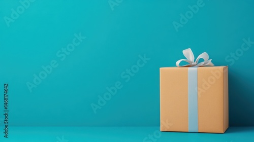 Obraz na płótnie Orange Gift Box with Blue Ribbon Against a Turquoise Background w salonie