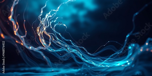 Dreamlike surreal imagery, intense dramatic lighting. High-contrast cinematic photograph of a digital mirage swirling silver and iridescent blue patterns against a dark, gradient sky. Shallow depth of